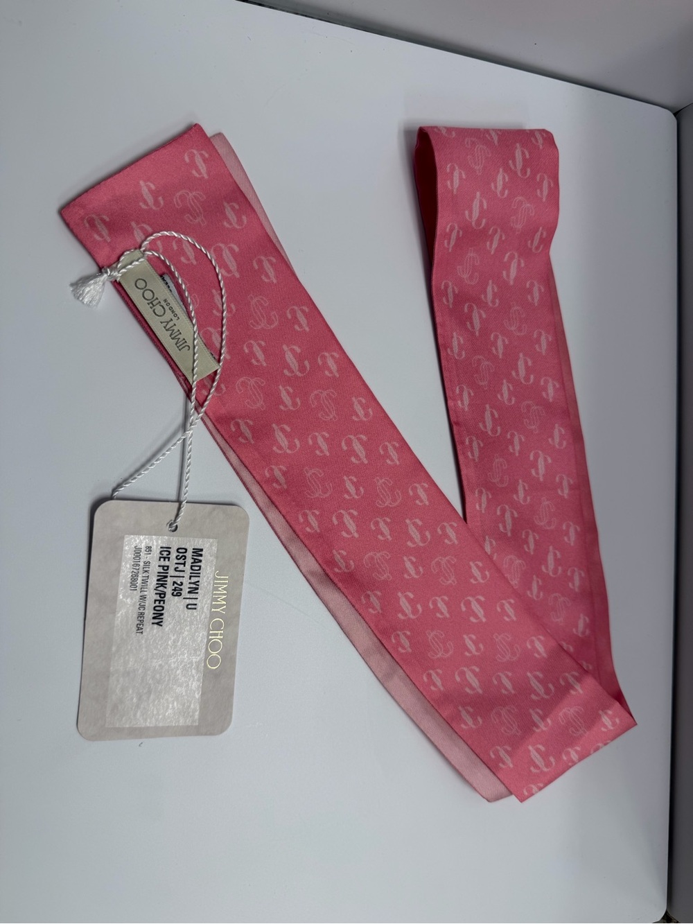 NWT- Jimmy Choo Pink Logo Silk Twilly Scarf